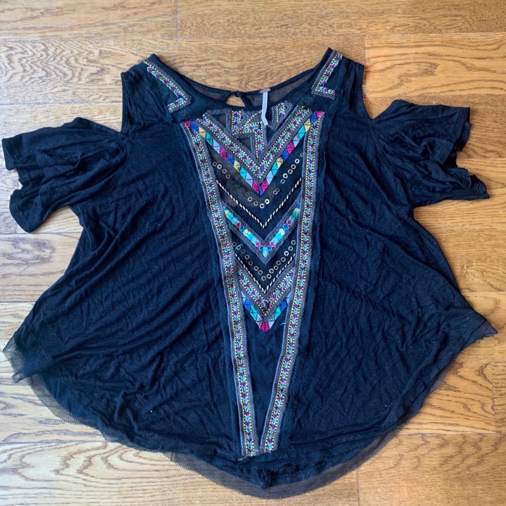Black Shoulder-Less Top Free People Colorful Cute